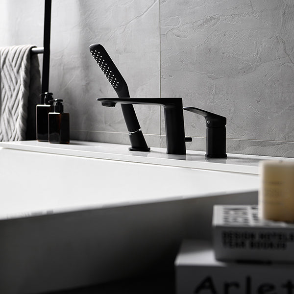 Deck-Mounted Bathtub Faucet with Compact Hand Shower and Single Lever