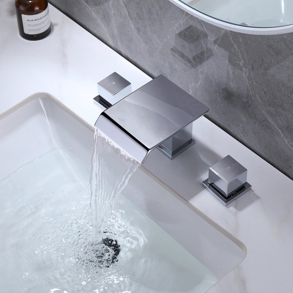 Modern Waterfall Spout Two Handle 3 Hole Bathroom Sink Faucet