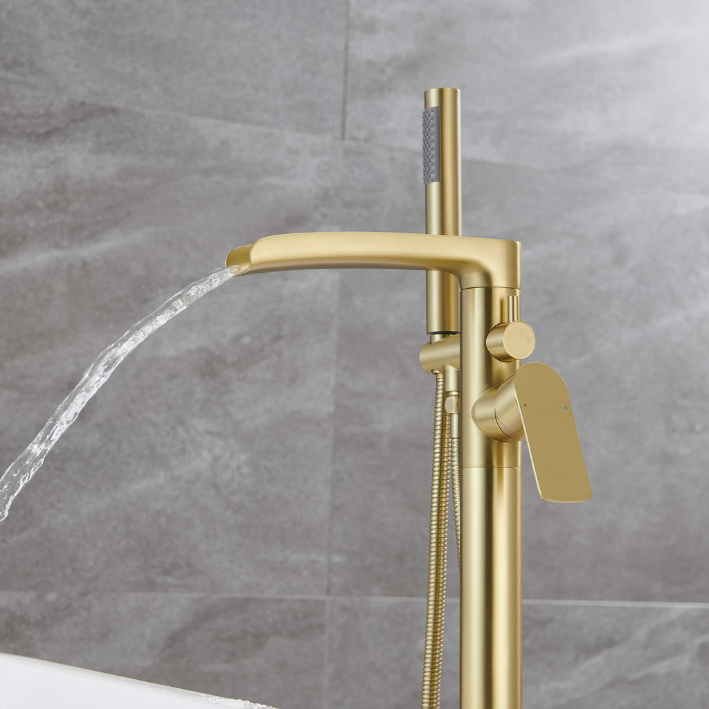 Freestanding Floor Mounted Waterfall Spout Bathtub Filler Faucet with Handle Sprayer JK0045