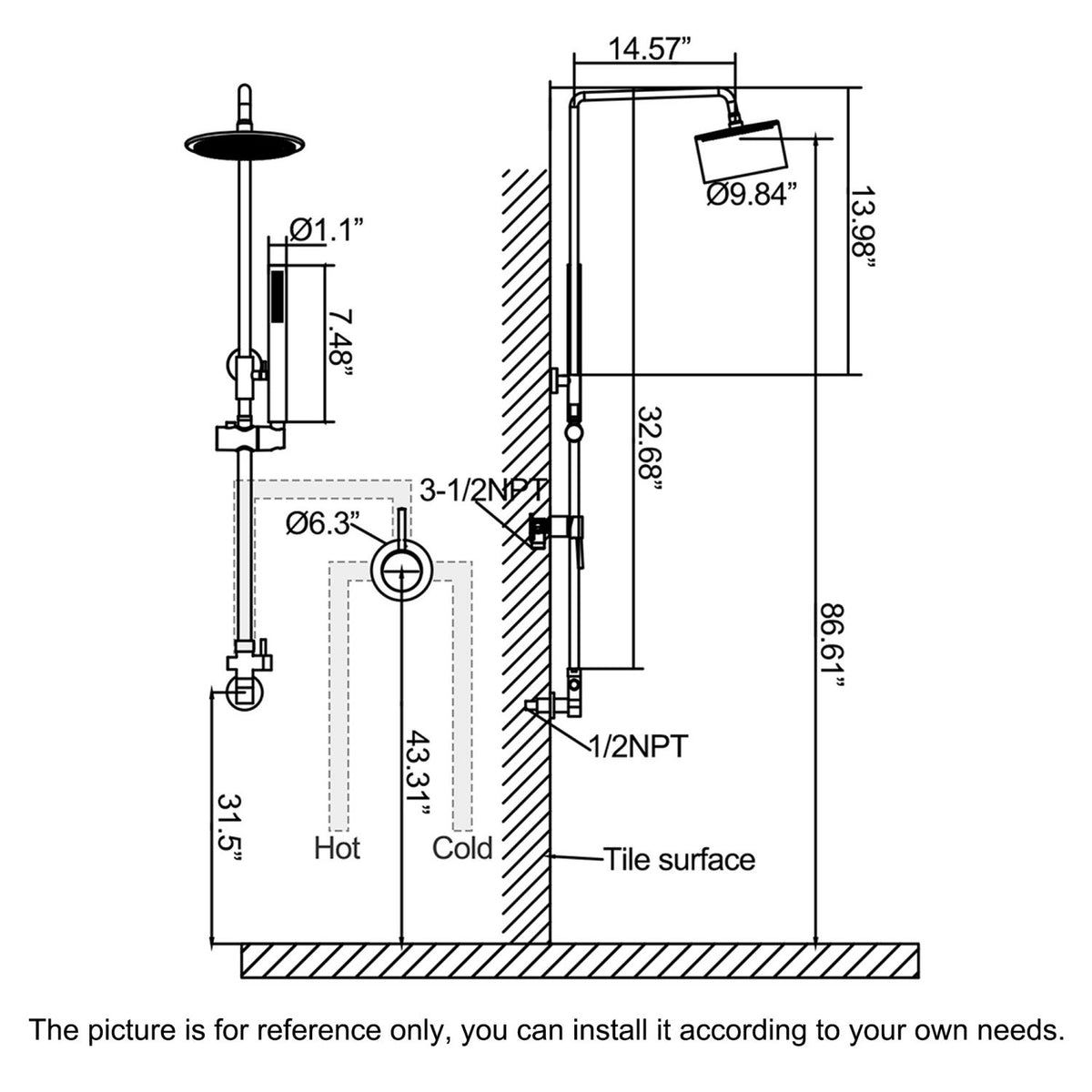 Wall-Mounted Rainfall Shower System with 10-Inch Showerhead