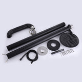 Parts of outdoor shower system, including pipes, head, hose, and installation hardware.
