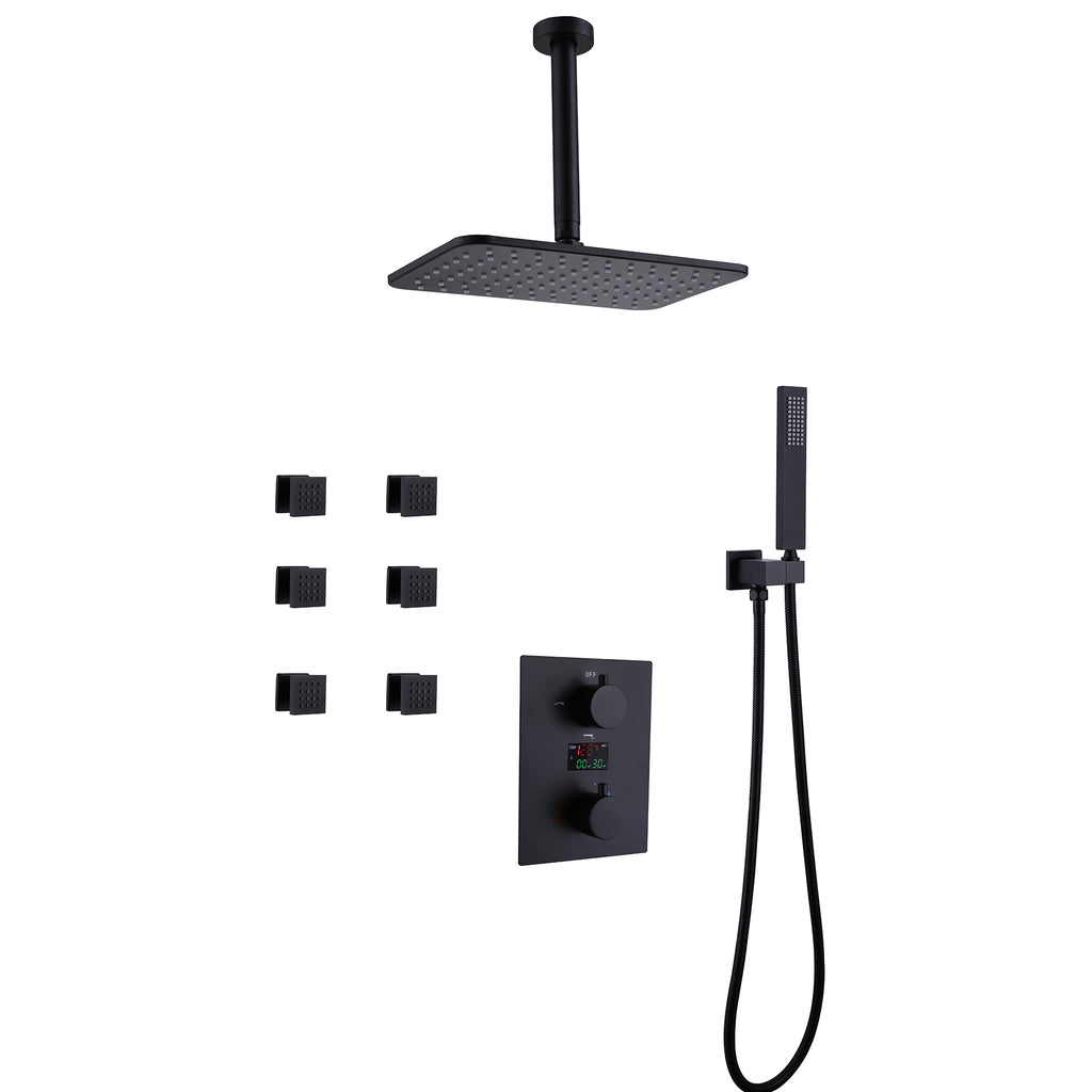 Matte Black Thermostatic Shower System with Temperature Display Valve and Body Jets JK0106