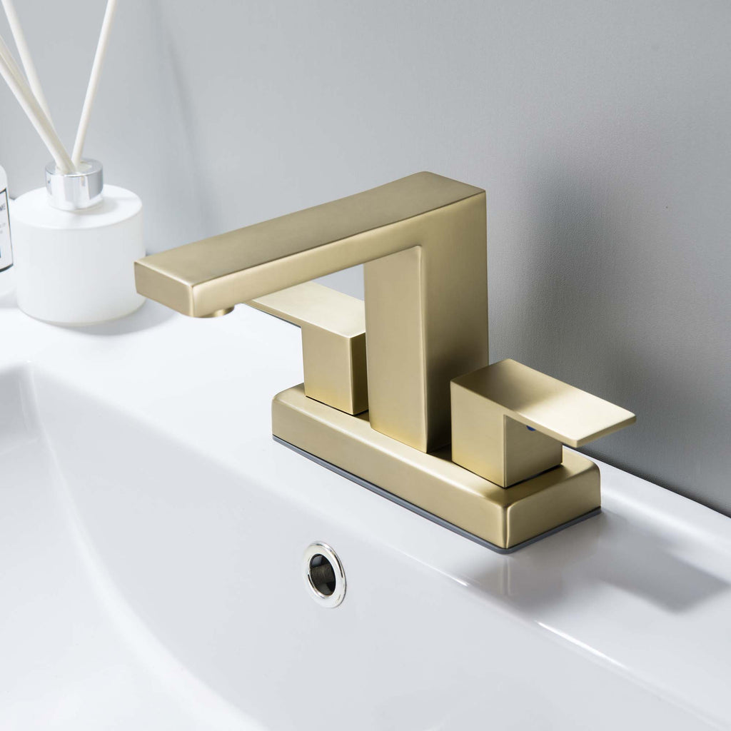 2 Handle Centerset Bathroom Sink Faucet 4 Inch Vanity Faucet 3 Hole Lavatory Faucet Brushed Gold JK0125
