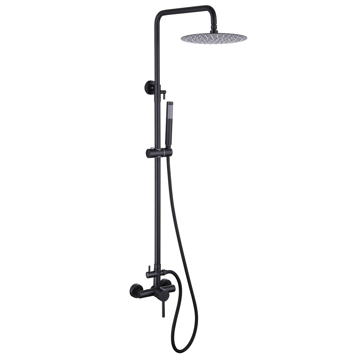 Matte black rainfall outdoor shower with handheld sprayer and adjustable height