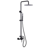 Matte black rainfall outdoor shower with handheld sprayer and adjustable height