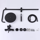 Complete matte black outdoor shower system parts including rainfall shower head, hose, and mixer valve