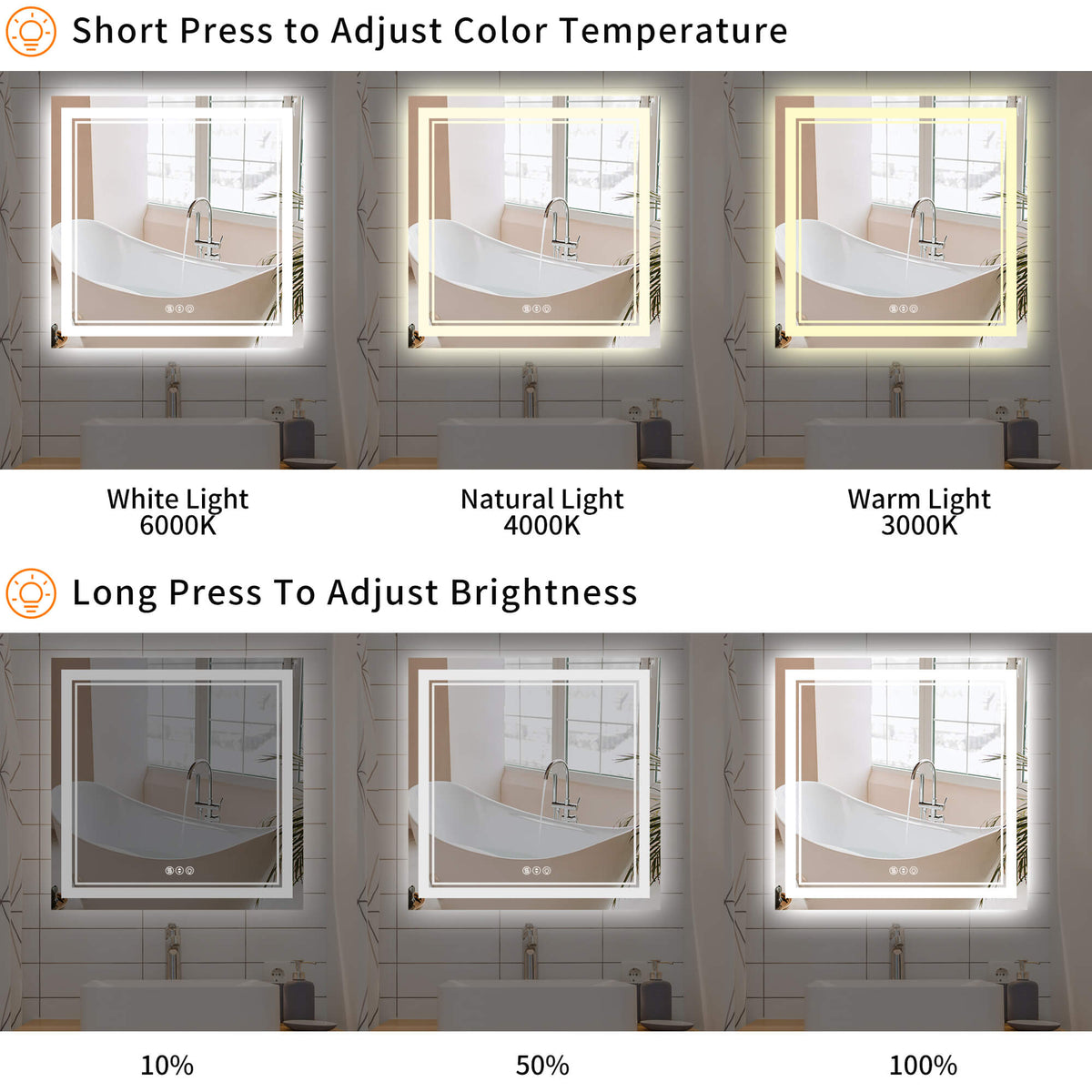 36 x 36 Square LED Bathroom Mirror with Front and Back Lighting, Anti-Fog and Dimmable Touch Control