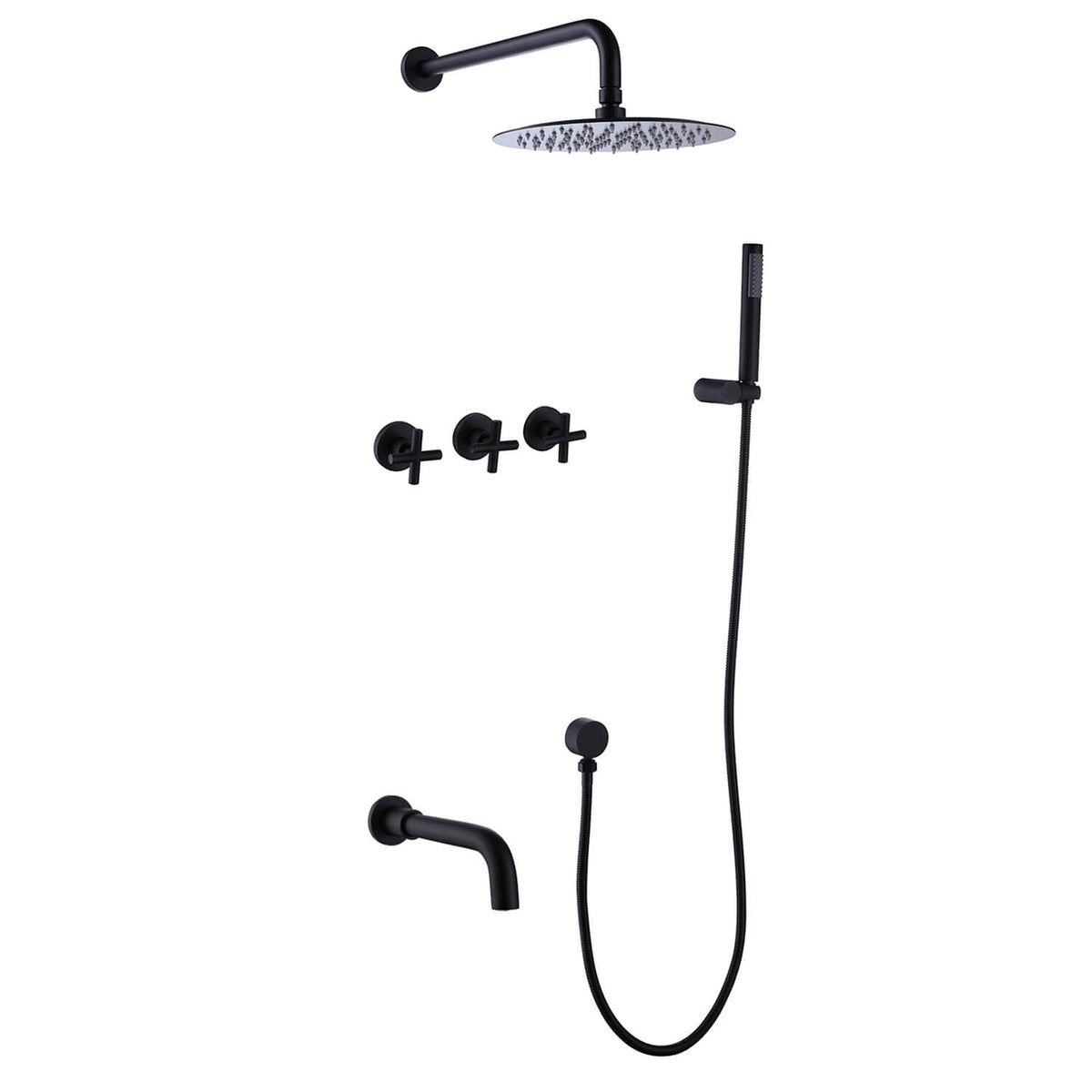 Wall-Mounted Tub Shower Kit with Spout and Triple Handle Controls