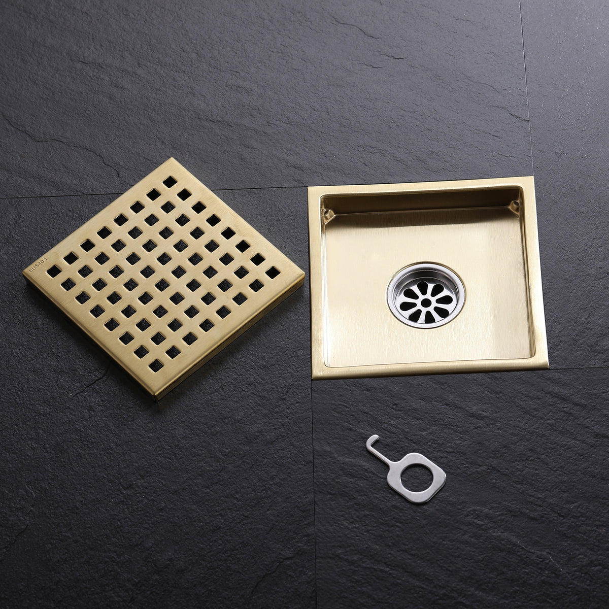 6-Inch Square Shower Drain with Removable Grid and Flange