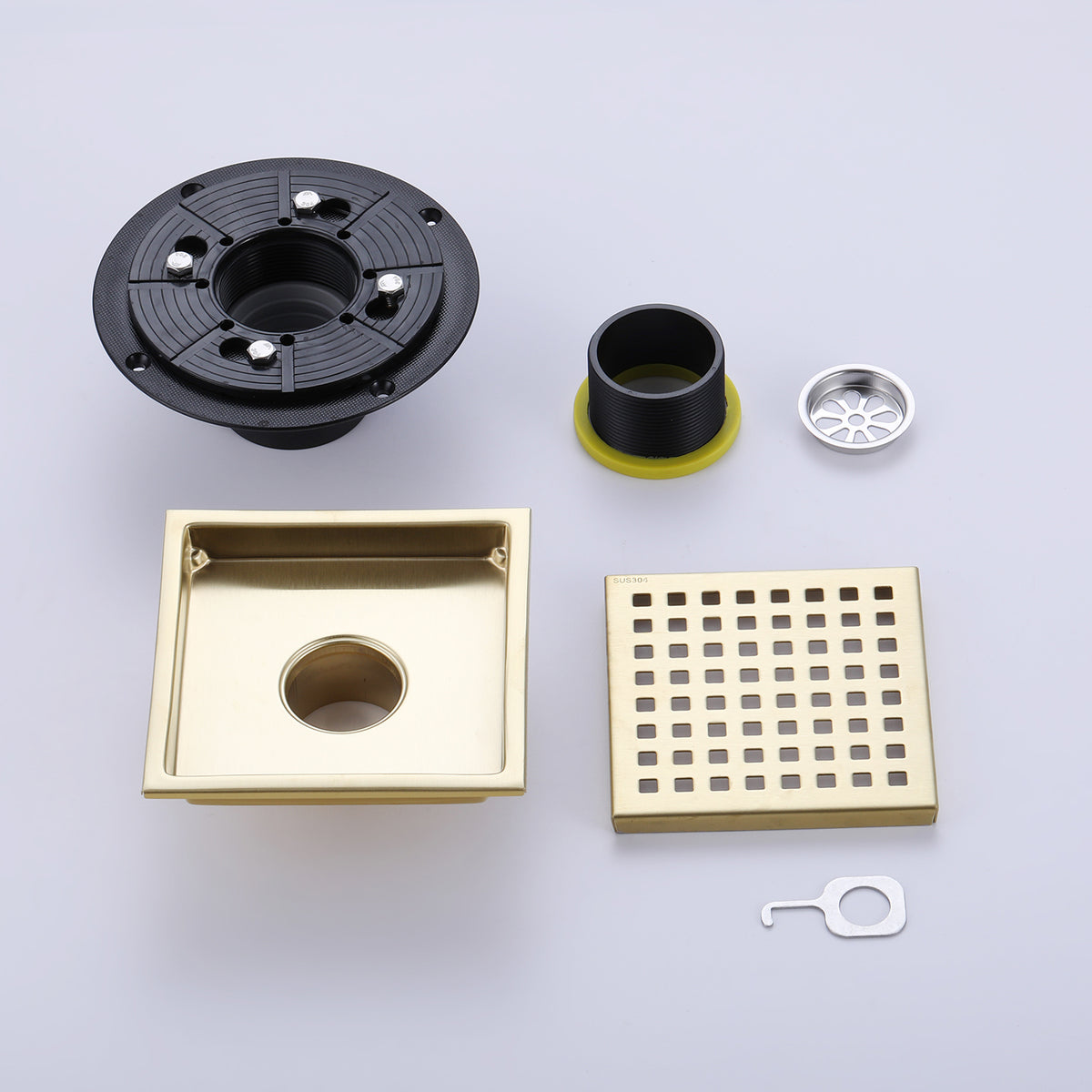 6-Inch Square Shower Drain with Removable Grid and Flange