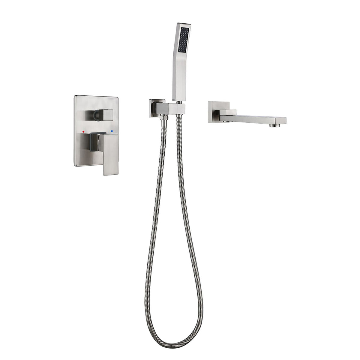 Wall-Mounted Bathtub Faucet with Compact Tub Spout and Matching Hand Shower