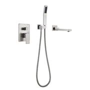 Wall-Mounted Bathtub Faucet with Compact Tub Spout and Matching Hand Shower