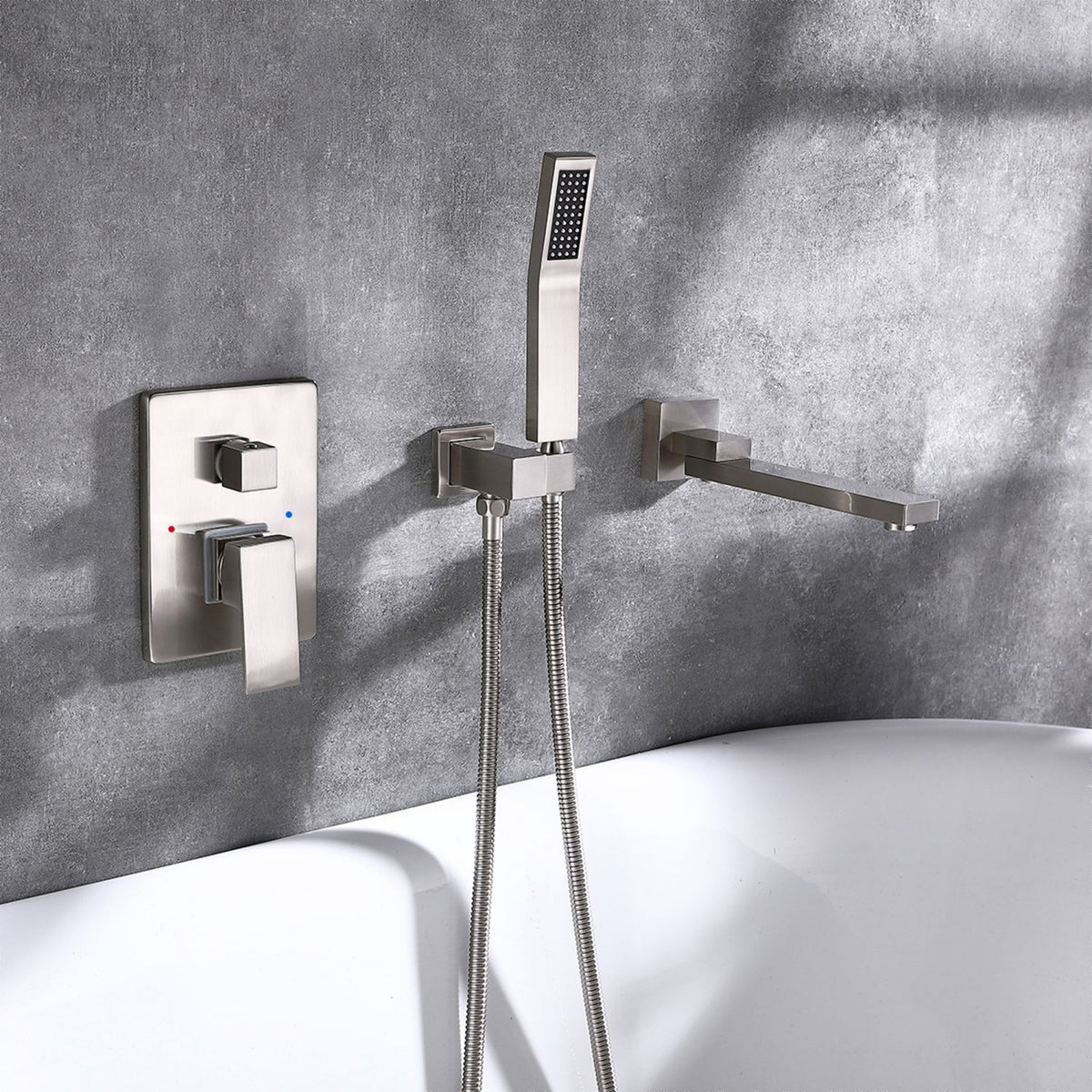 Wall-Mounted Bathtub Faucet with Compact Tub Spout and Matching Hand Shower