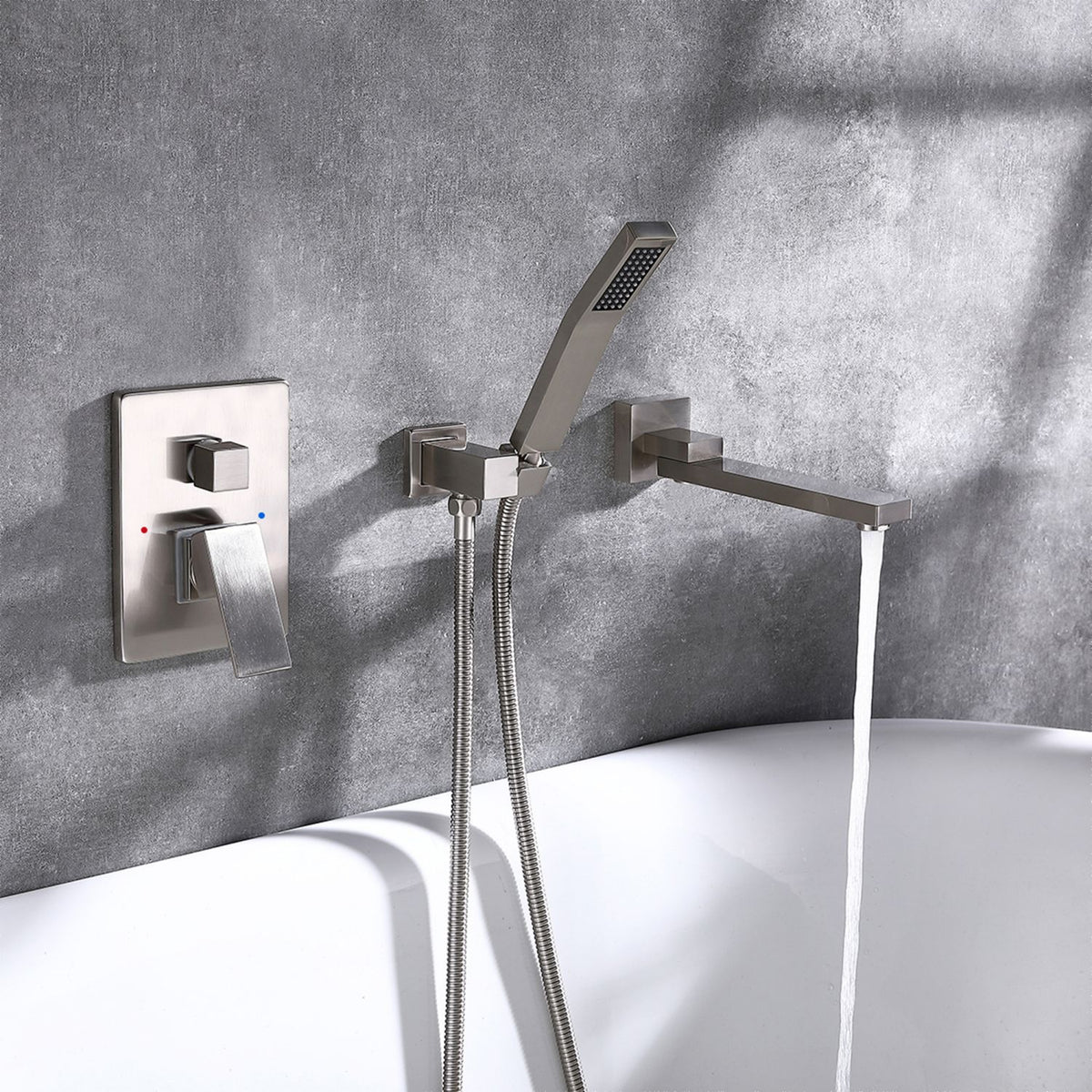 Wall-Mounted Bathtub Faucet with Compact Tub Spout and Matching Hand Shower