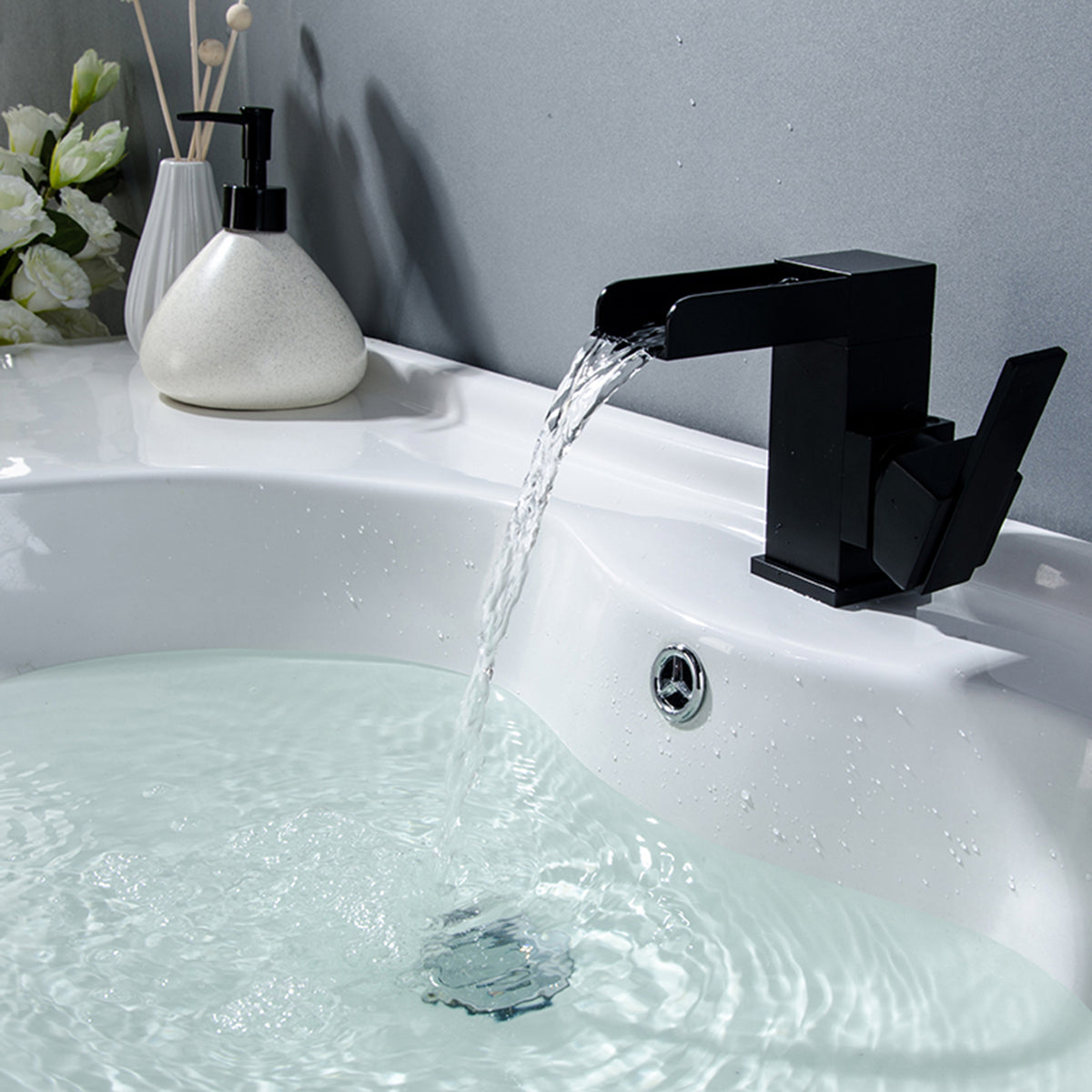 Matte Black Waterfall Bathroom Faucet with Side Handle