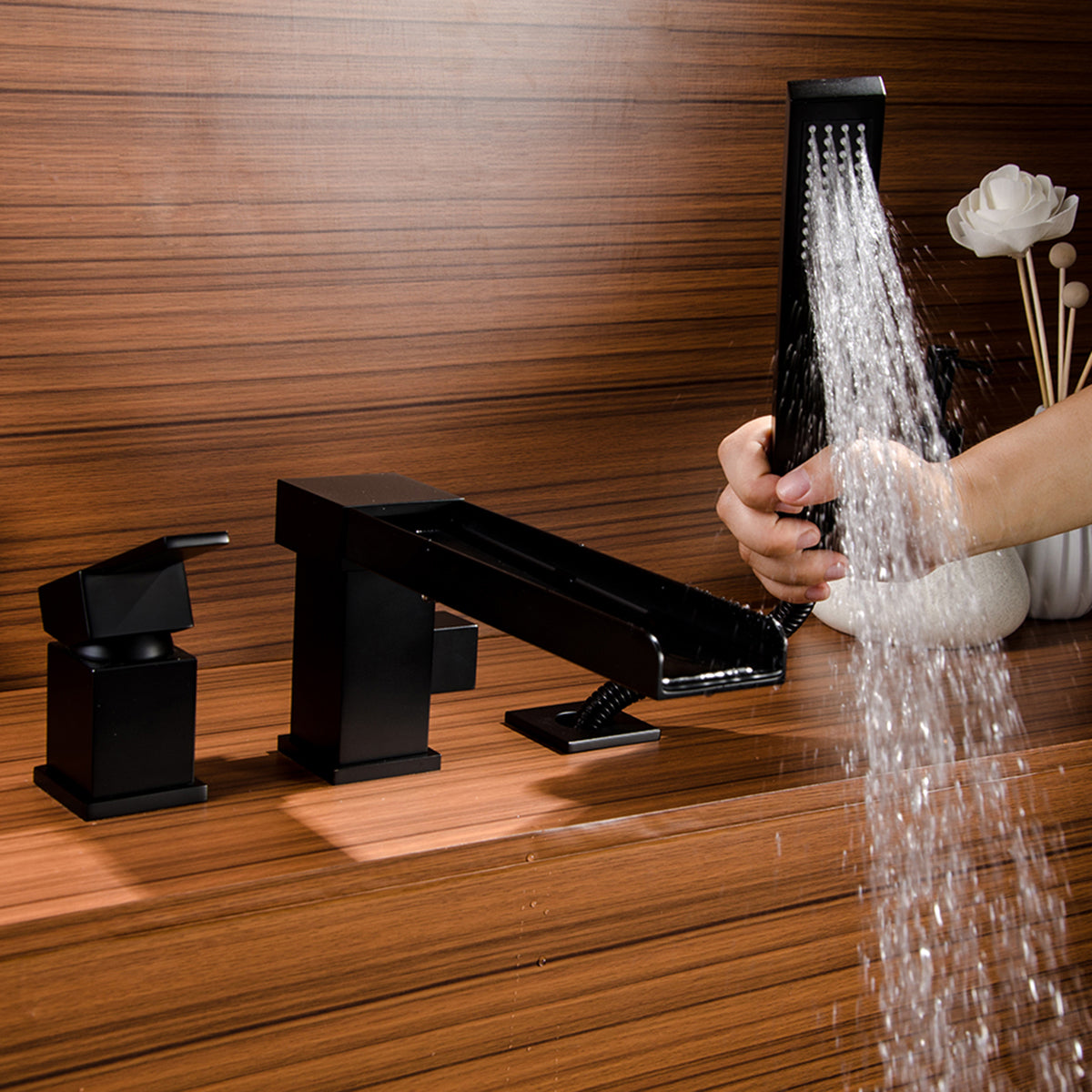 Single Handle Deck-Mounted Tub Filler with Hand Shower and Certified Valve