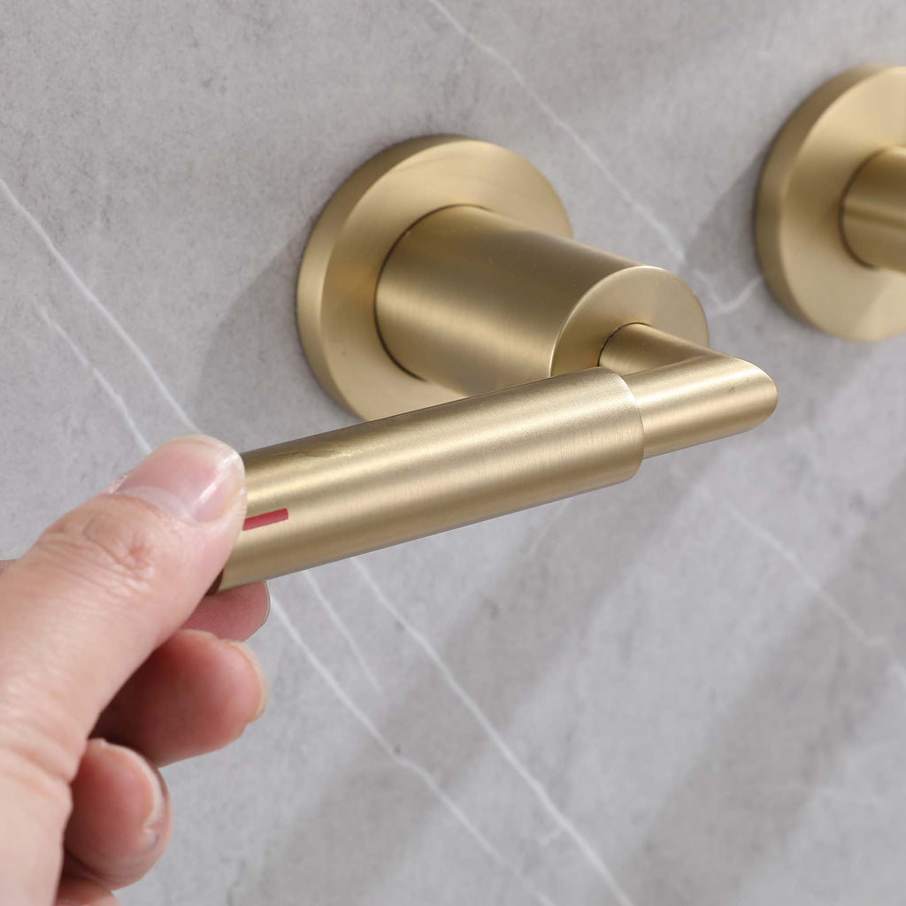 Wall Mount Bathroom Sink Faucet 2 Handle Solid Brass Brushed Gold RB0736
