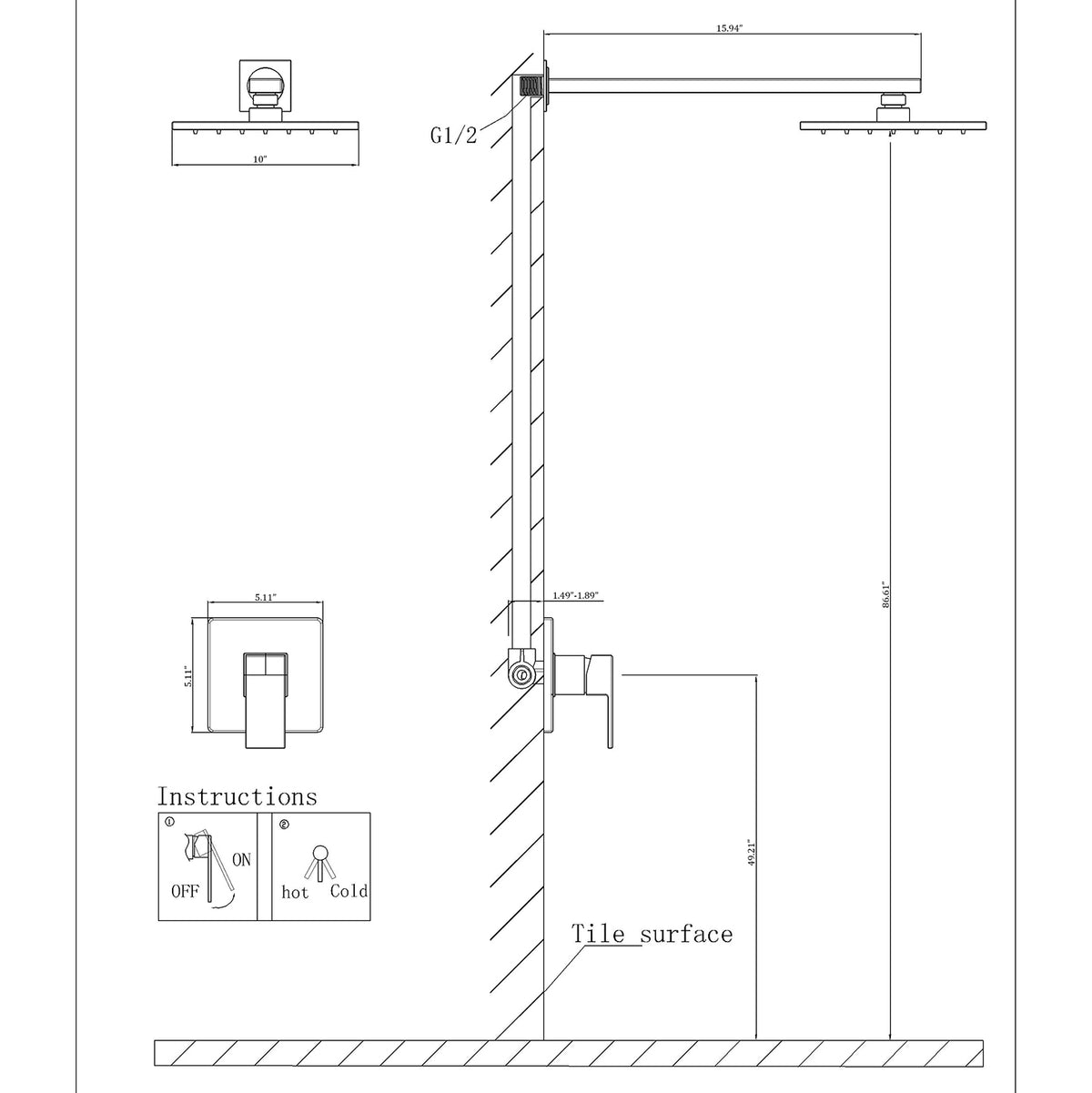 Matte Black Wall-Mounted 10-Inch Square Rain Shower System