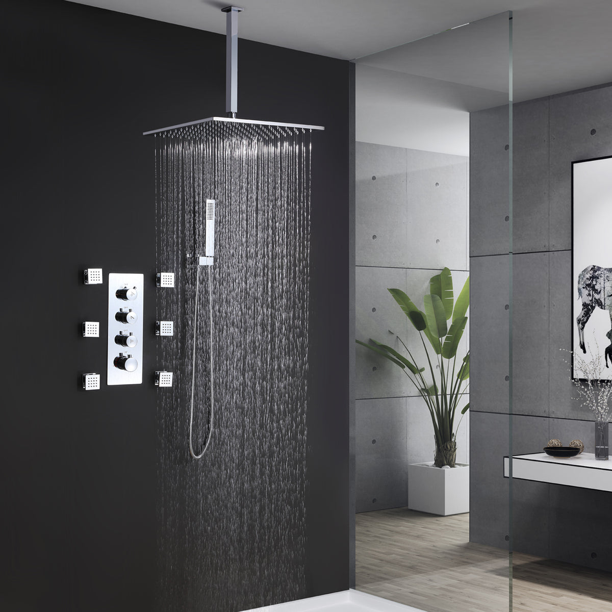 Ceiling-Mounted Thermostatic Shower with 6 Body Jets