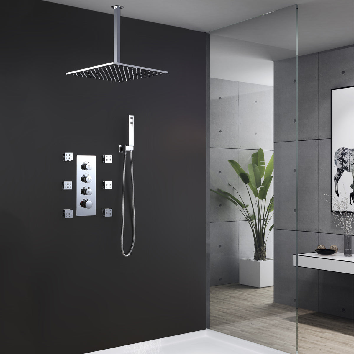 Ceiling-Mounted Thermostatic Shower with 6 Body Jets