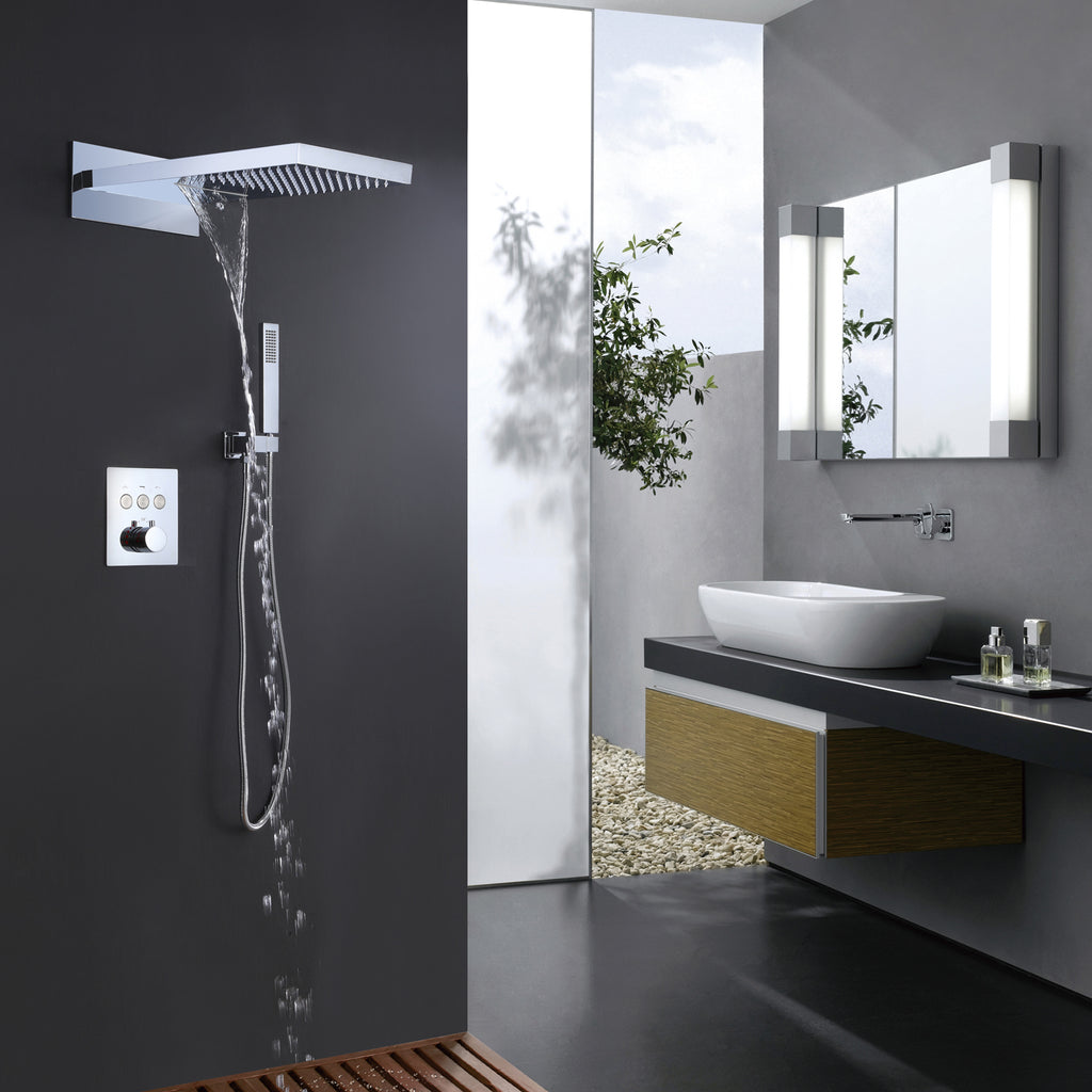 Wall Mounted Thermostatic Shower Waterfall Rain Shower Head Hand Shower Set  Bathroom Solid Brass Black Concealed