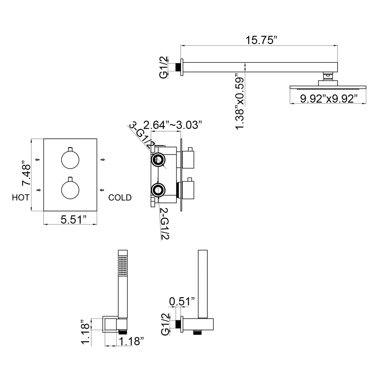 2-Function Concealed Thermostatic Shower System with 10-Inch Rain Shower
