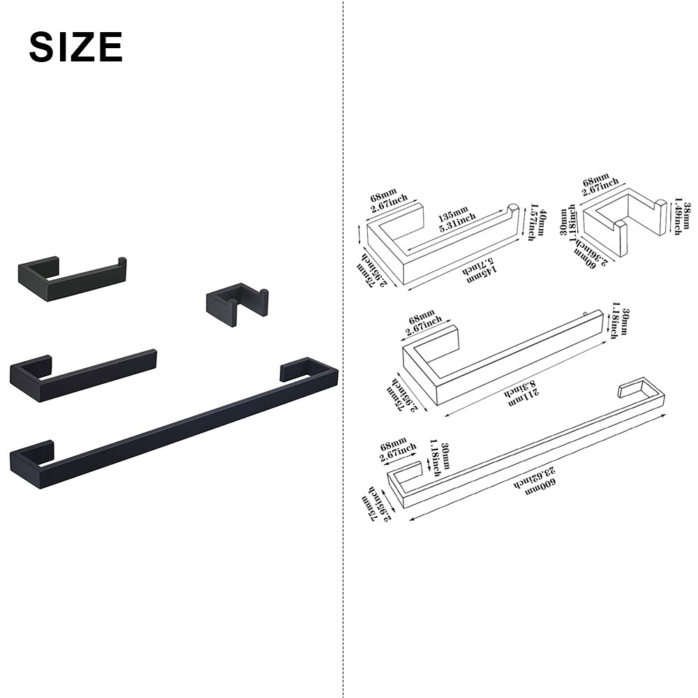 Wall-Mounted Matte Black 4-Piece Square Bathroom Hardware Set