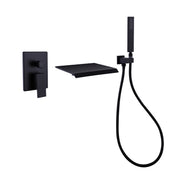 Wall-Mounted Waterfall Tub Filler with Shower Wand and Clean Minimal Design