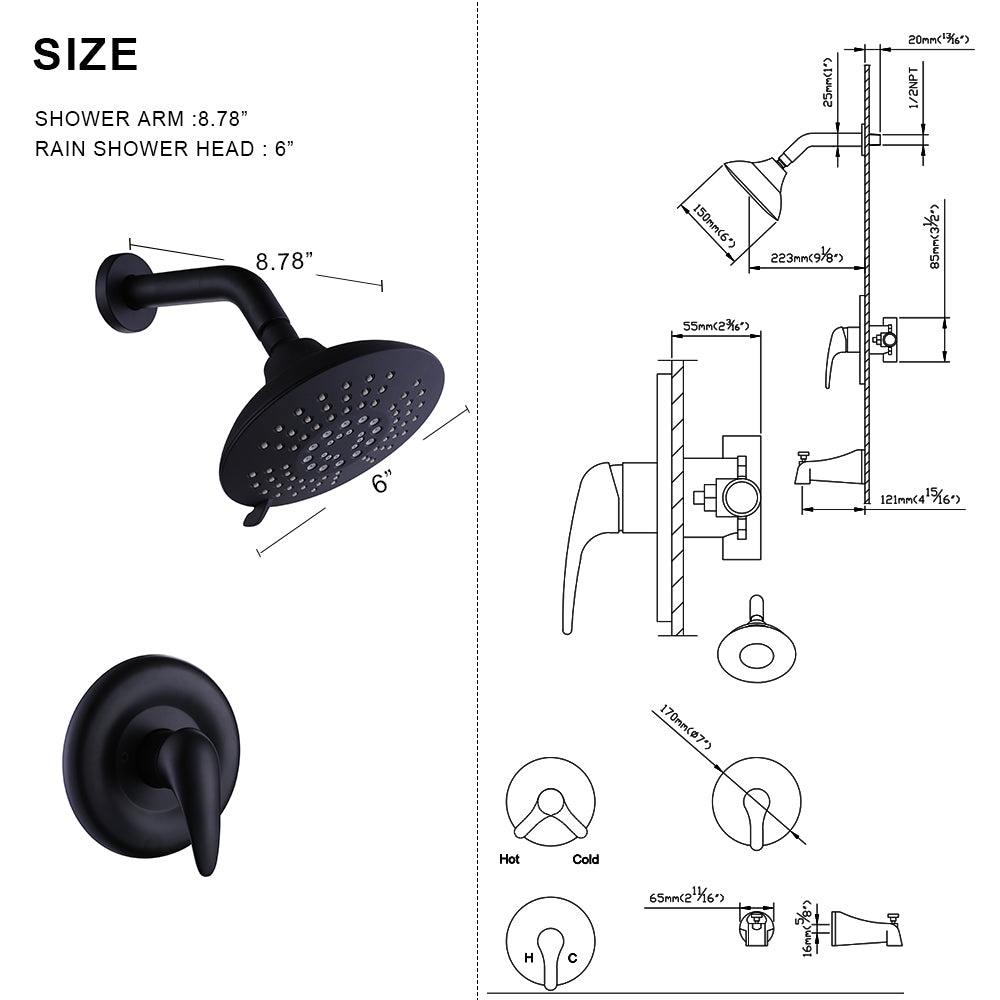 Matte Black Shower Faucet Set with 5-Function Shower Head