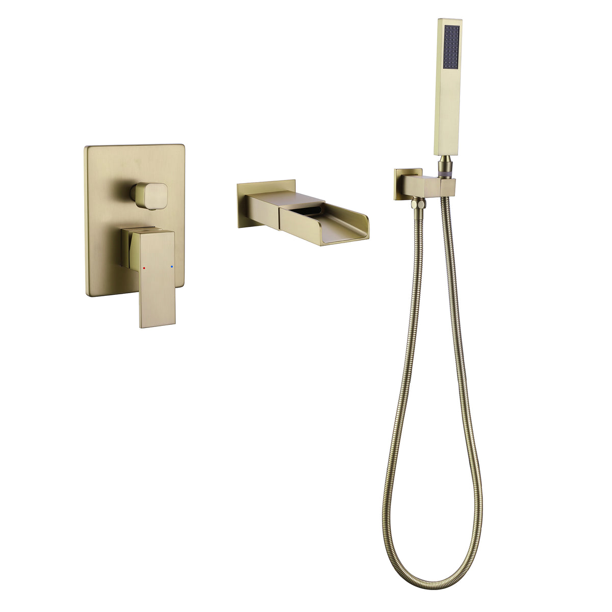 Brushed Gold Wall-Mounted Waterfall Bathtub Faucet with Hand Shower
