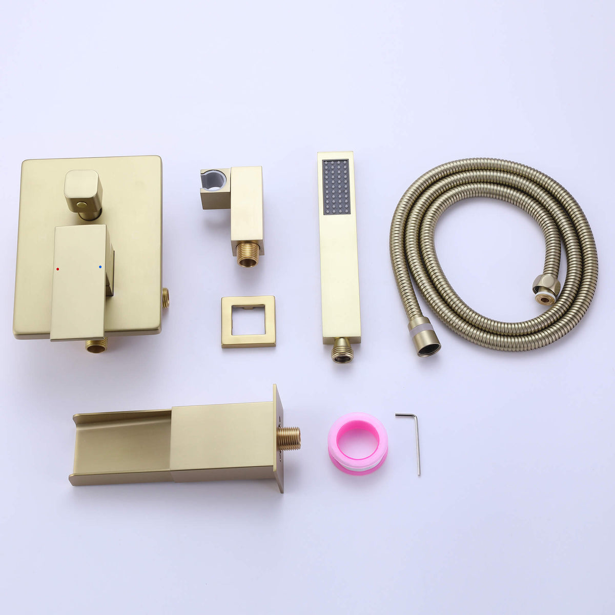 Brushed Gold Wall-Mounted Waterfall Bathtub Faucet with Hand Shower
