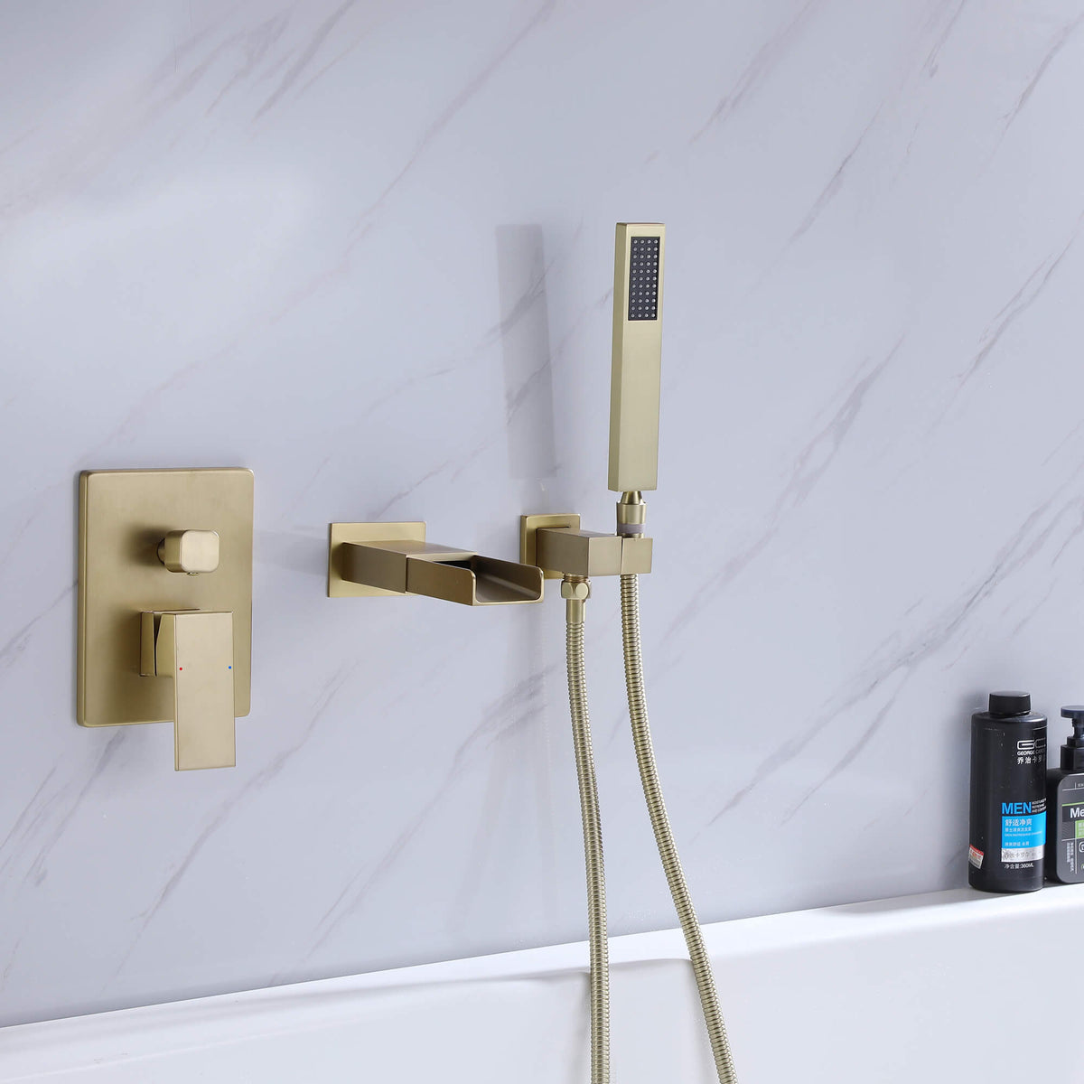 Brushed Gold Wall-Mounted Waterfall Bathtub Faucet with Hand Shower