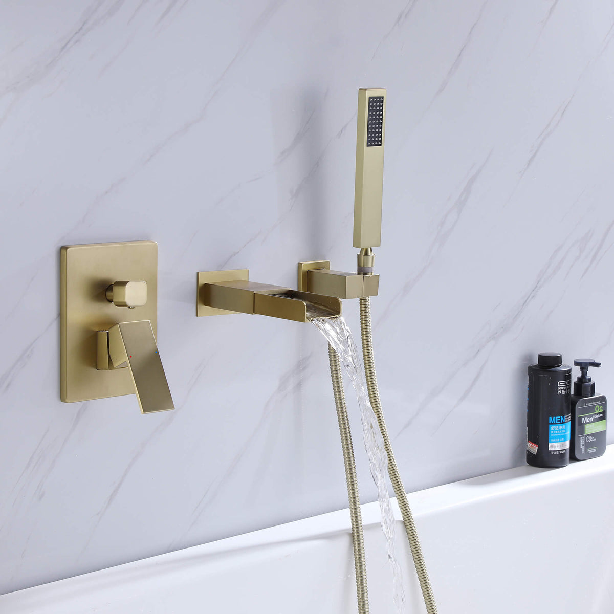 Brushed Gold Wall-Mounted Waterfall Bathtub Faucet with Hand Shower