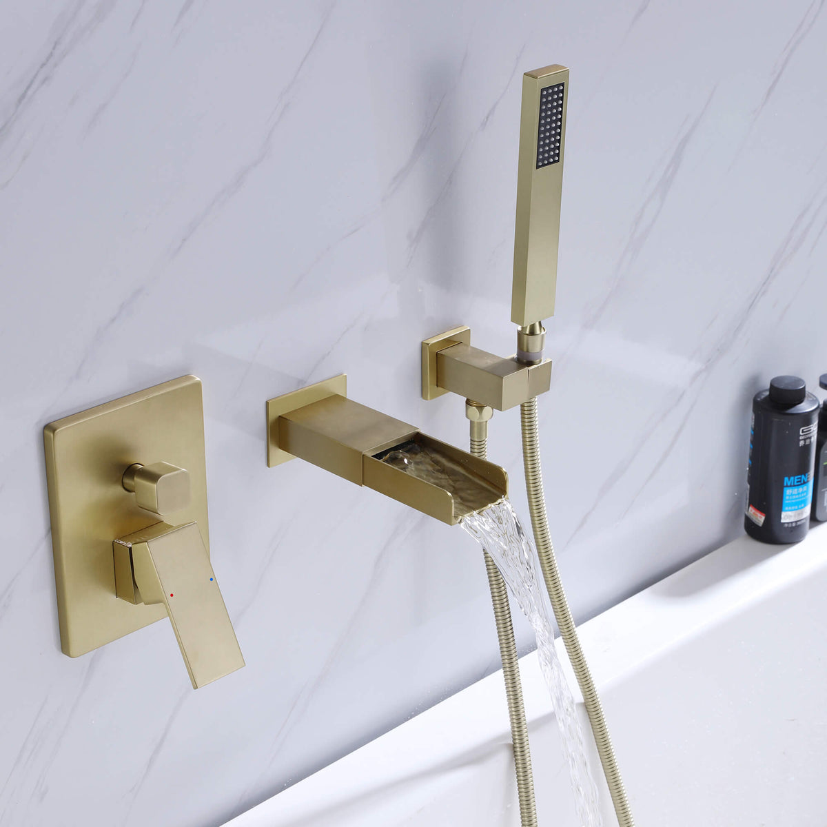 Brushed Gold Wall-Mounted Waterfall Bathtub Faucet with Hand Shower