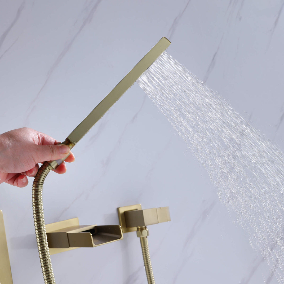 Brushed Gold Wall-Mounted Waterfall Bathtub Faucet with Hand Shower
