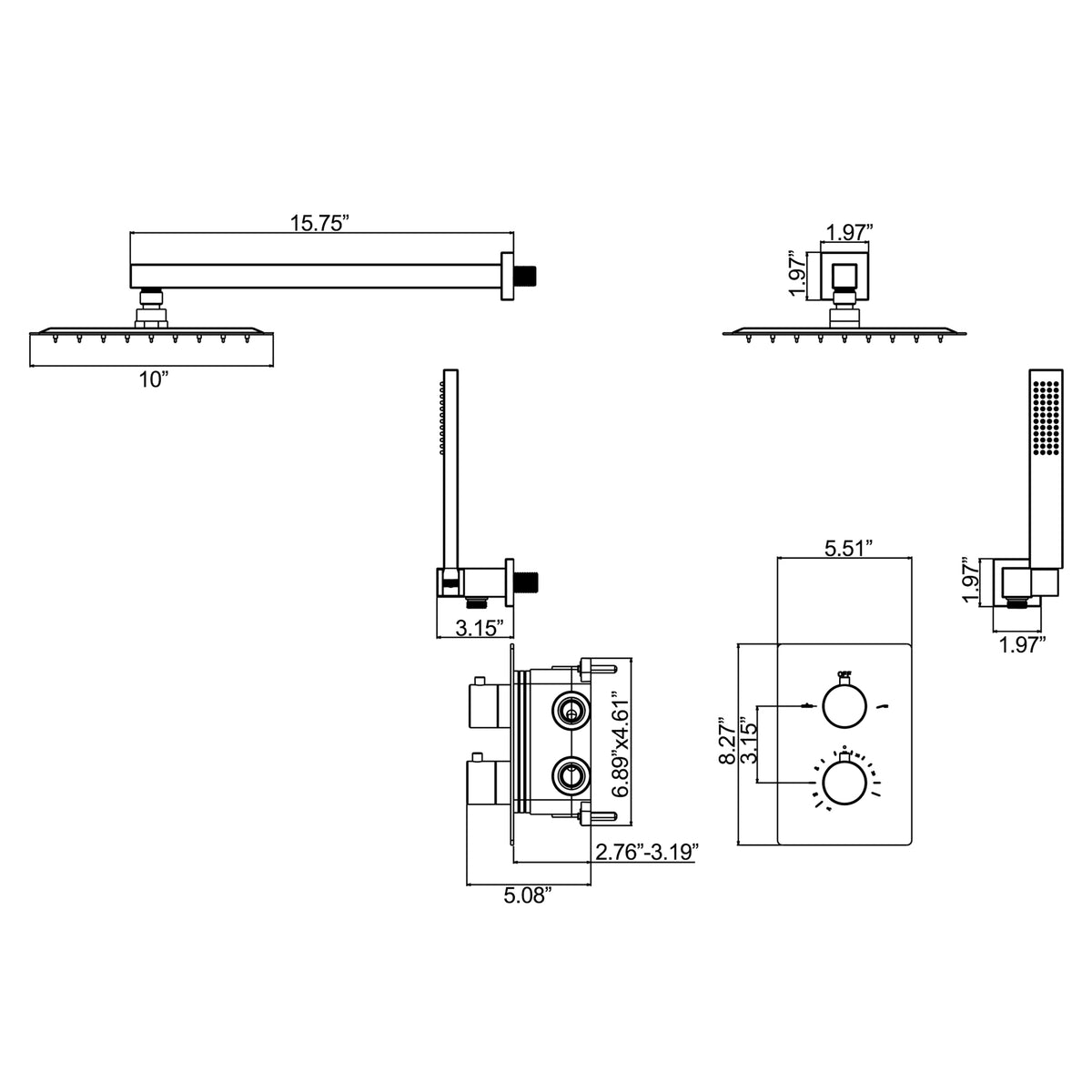 Matte Black 10-Inch Thermostatic Shower System with Handheld