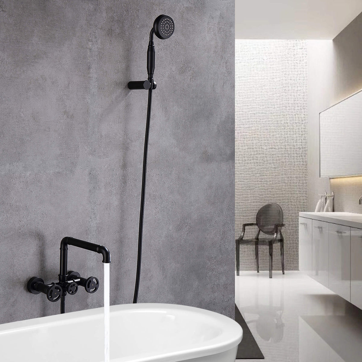 Industrial Pipe Wall-Mounted Tub Faucet with Hand Shower