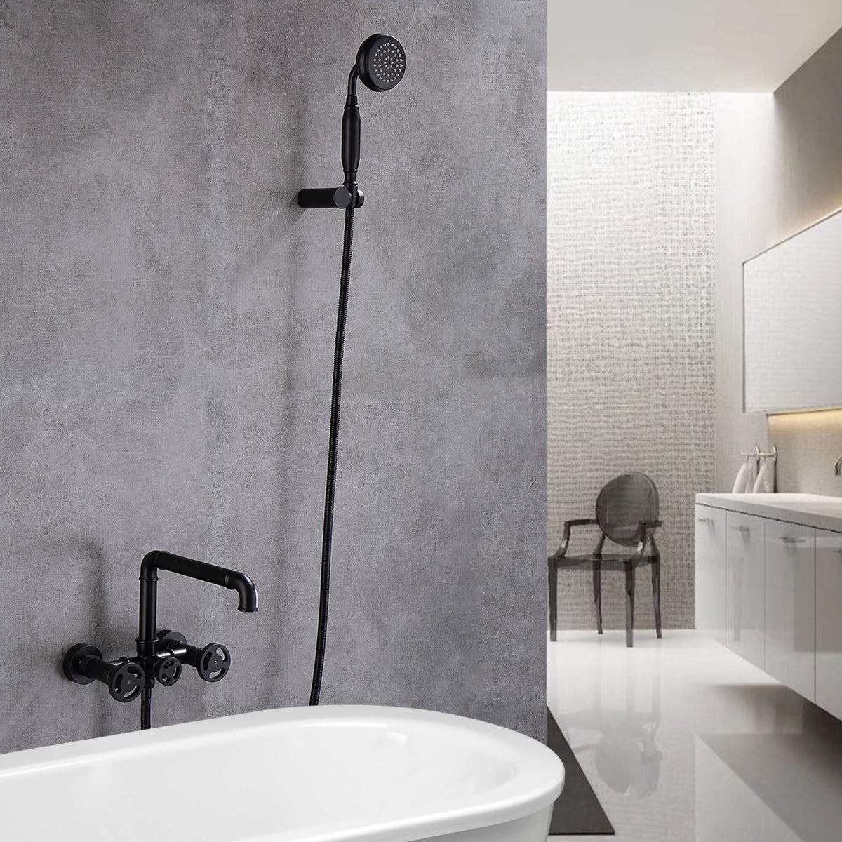 Industrial Pipe Wall-Mounted Tub Faucet with Hand Shower