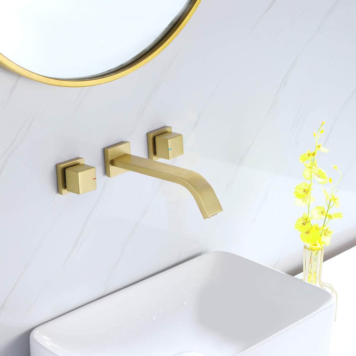 Wall-Mounted Basin Tap with Square Knobs and Sloped Spout