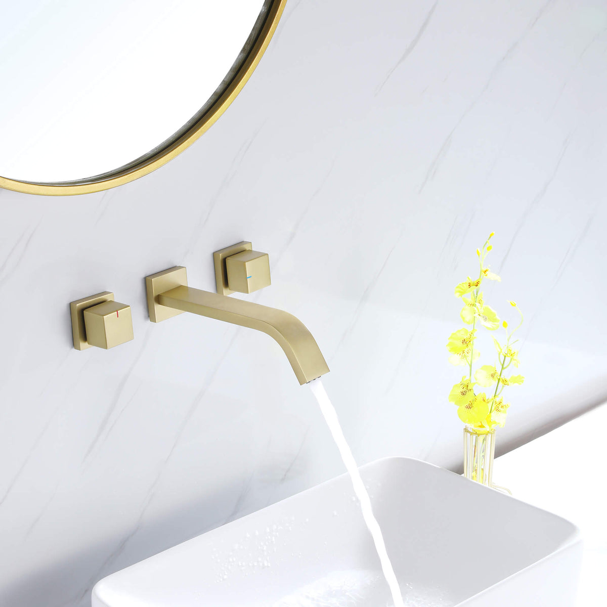 Wall-Mounted Basin Tap with Square Knobs and Sloped Spout