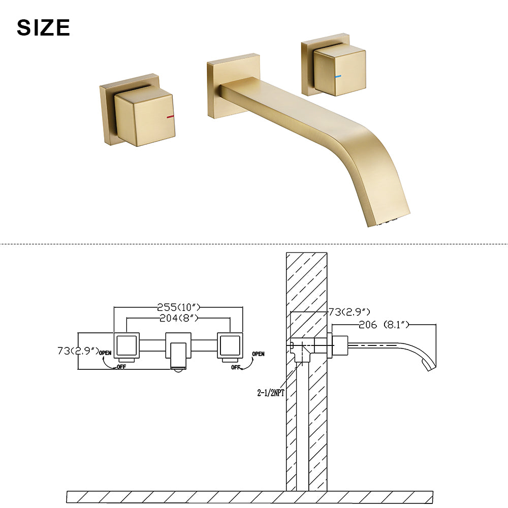 Wall-Mounted Basin Tap with Square Knobs and Sloped Spout