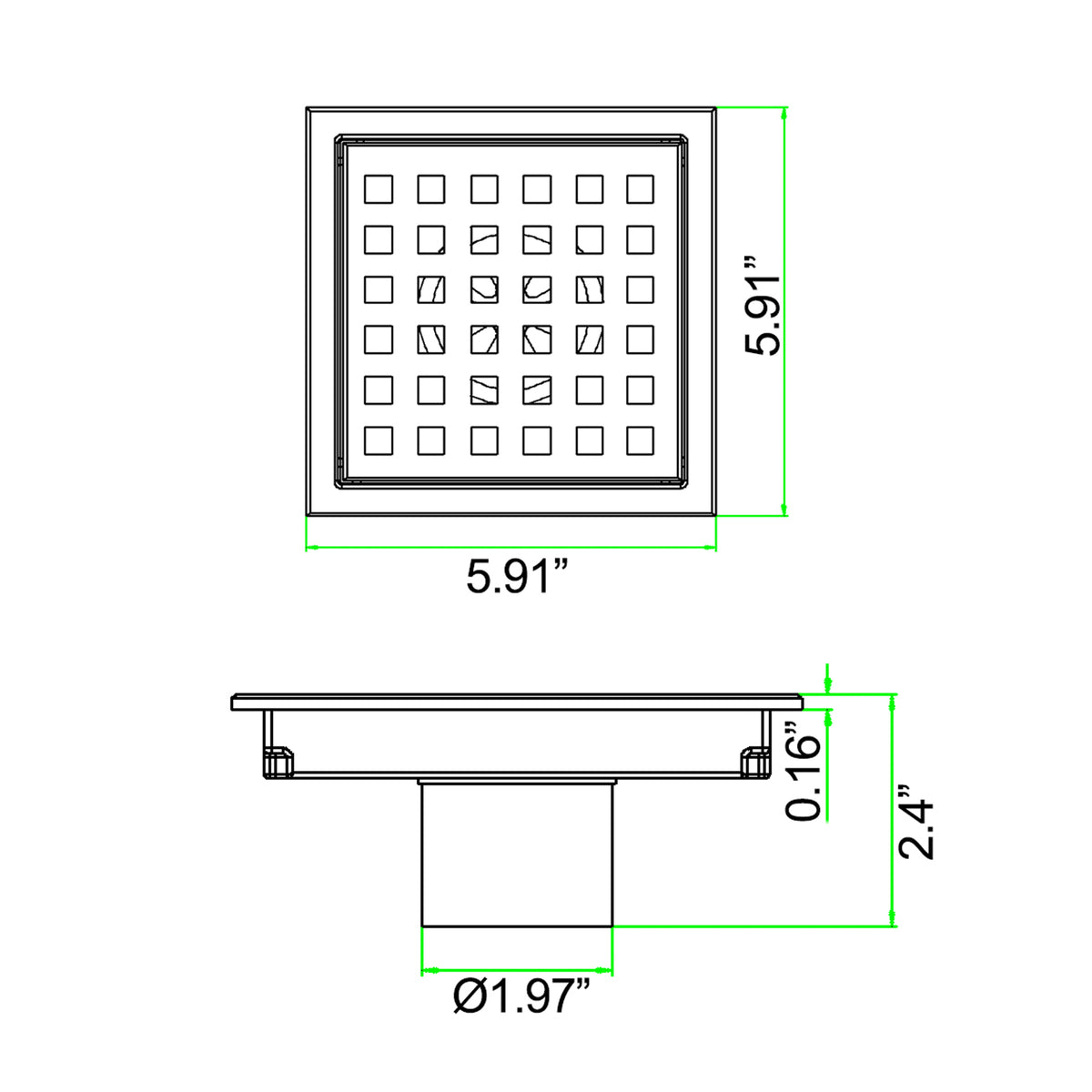 6-Inch Square Shower Drain with Removable Grid and Flange
