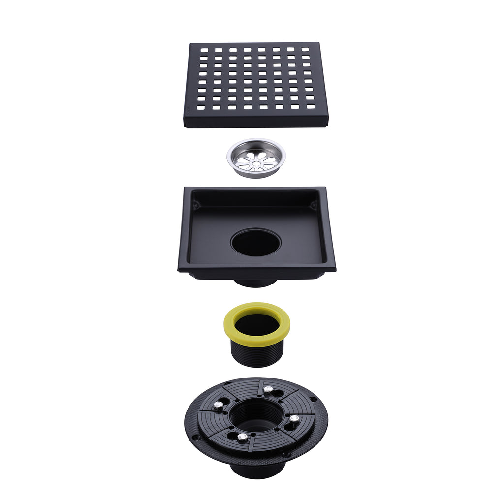 6 inch Matte Black Square Shower Drain with Hair Trap Set (2 Designs)