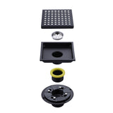 6 Inch Black Shower Drain Square with Flange Removable Quadrato Pattern Grate RB100MB