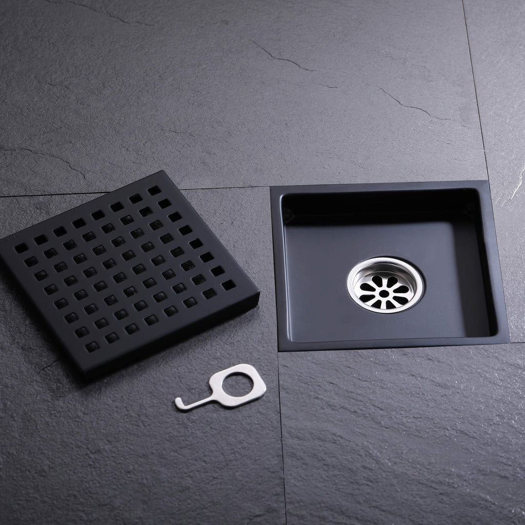Square 6-inch Shower Drain with Flange Removable Quadrato Pattern Grate Matte Black RB100MB