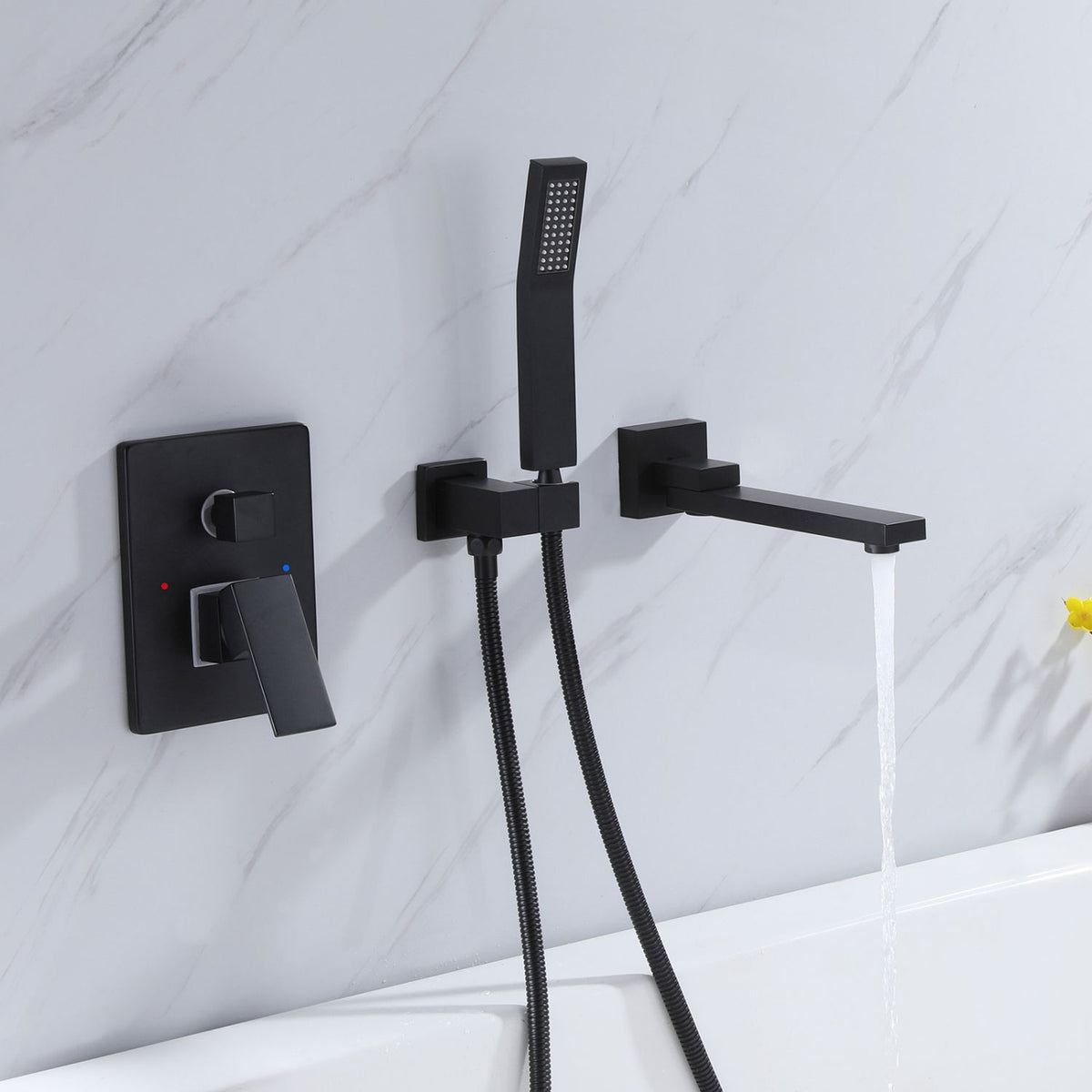 Wall-Mounted Tub Filler with Long Spout & Hand Shower