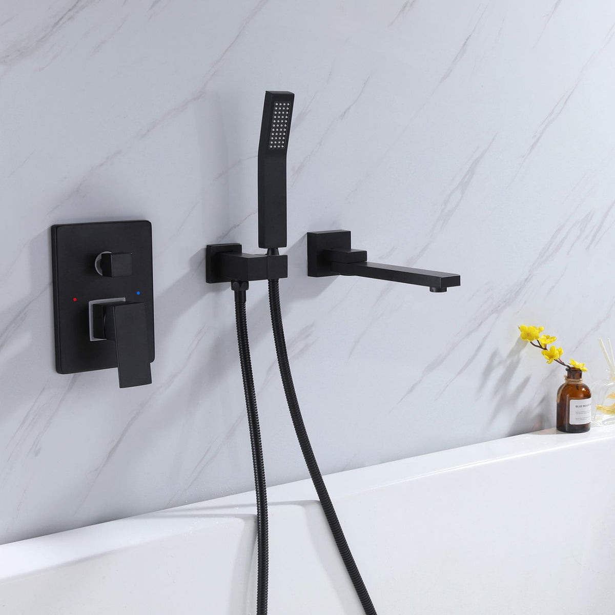 Wall-Mounted Tub Filler with Long Spout & Hand Shower