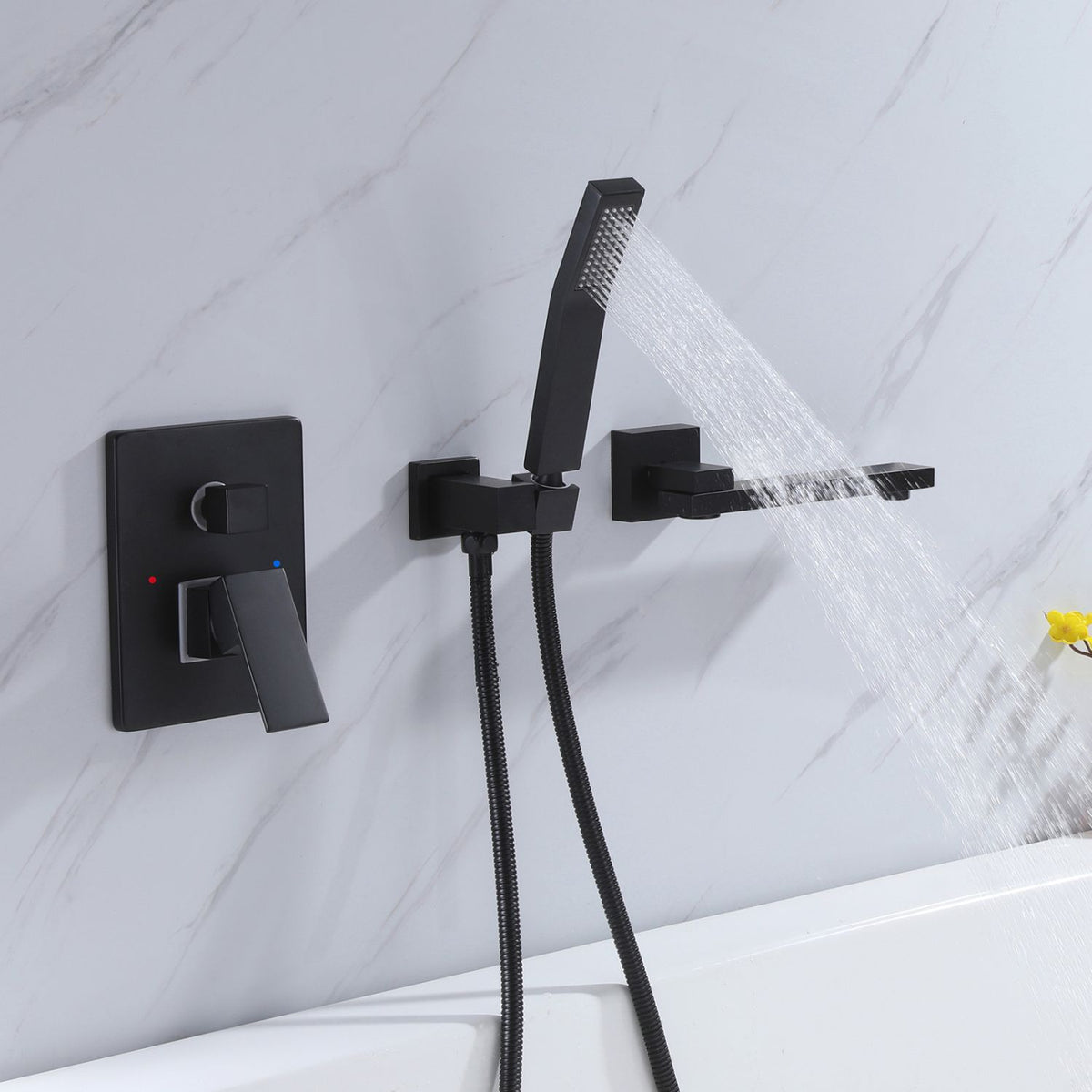 Wall-Mounted Tub Filler with Long Spout & Hand Shower