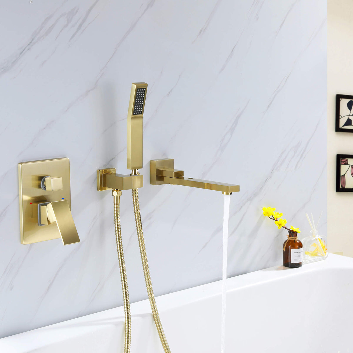 Wall-Mounted Bathtub Faucet with Hand Shower and Minimalist Control Panel