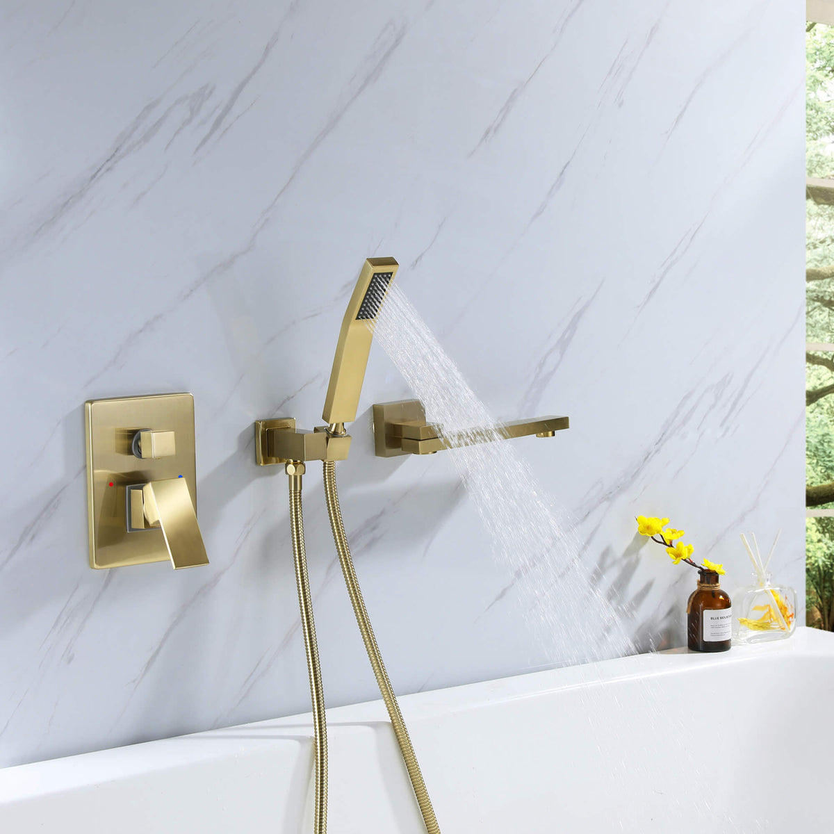 Wall-Mounted Bathtub Faucet with Hand Shower and Minimalist Control Panel